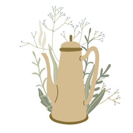 Poster with teapot and herbals. Vector hand drawn illustration isolated on white. Great for posters, packages, kitchen and t-shirt decorating.のイラスト素材