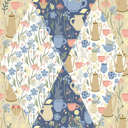 Seamless pattern with herbal tea; wildflowers in patchwork rustic style. Rhombus formes with echinacea; cornflowers; teapots; herbs. Pink; beige and blue colors.の写真素材
