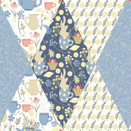 Seamless pattern with herbal tea, and wildflowers in patchwork rustic style. Rhombus with mugs, lemons, teapots, pitchers, herbs. Pink, yellow and blue colors.の写真素材