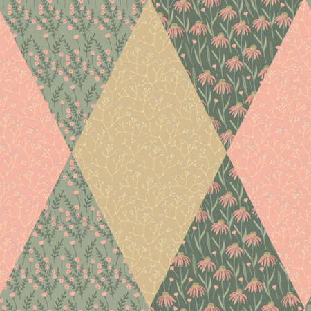 Seamless pattern with wildflowers in patchwork rustic style. Rhombus with echinacea flowers, herbs. Green, beige and pink colors.の写真素材