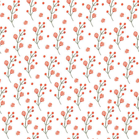 Beautiful seamless pattern with branches with small red flowers. Hand painted illustration on white background. Great for fabrics, wrapping papers, wallpapers, covers.の写真素材