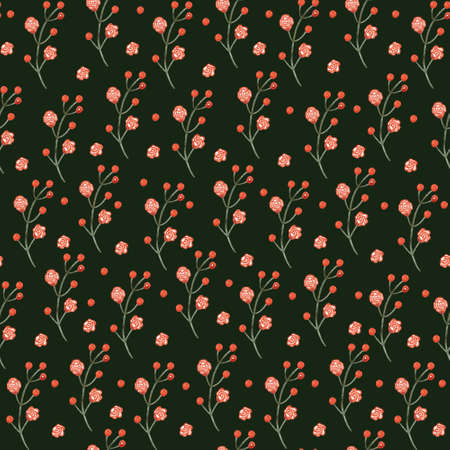 Beautiful seamless pattern with branches with small red flowers. Hand painted illustration on dark background. Great for fabrics, wrapping papers, wallpapers, covers.の写真素材