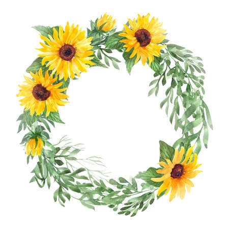Watercolor hand painted floral round frame or wreath with green leaves and sunflowers isolated on white.の写真素材
