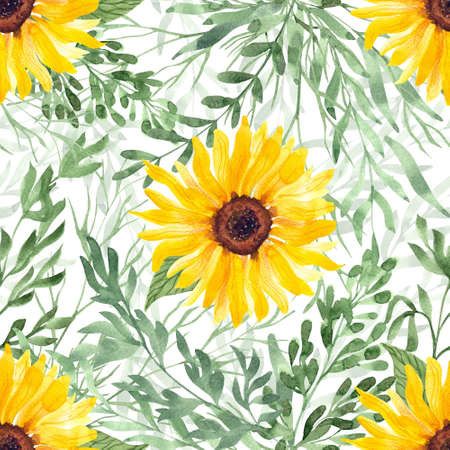 Beautiful watercolor seamless pattern with bright sunflowers, herbs and leaves. Hand painted illustration on white. Great for fabrics, wrapping papers, wallpapers, covers. Beautiful textile print.の写真素材