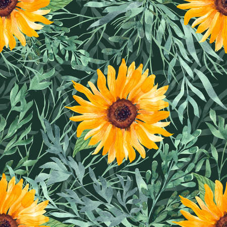 Beautiful watercolor seamless pattern with bright sunflowers, herbs and leaves. Hand painted illustration on dark green. Great for fabrics, wrapping papers, wallpapers, covers. Beautiful textile printの写真素材