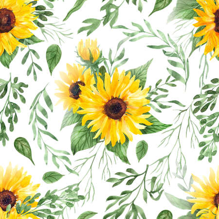 Beautiful seamless pattern with bright sunflowers, herbs and leaves. Hand painted watercolor illustration on white. Great for fabrics, wrapping papers, wallpapers, covers. Summer textile print.の写真素材
