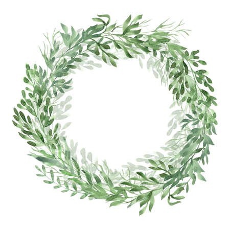 Watercolor hand painted floral round frame or wreath with greens or herbs isolated on white. Beautiful illustration. Great template for greeting cards, wedding invitations, home art print.の写真素材