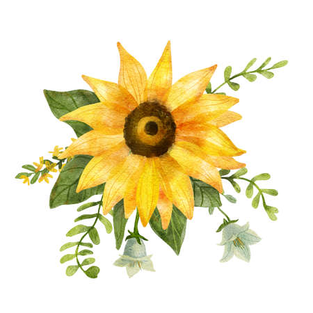 Watercolor floral arrangement with sunflower. Summer flowers and leaves. Digital illustration isolated on white. Great for weddings, greeting card, t-shirts, bag decorating. Nice art print for home decorationの写真素材