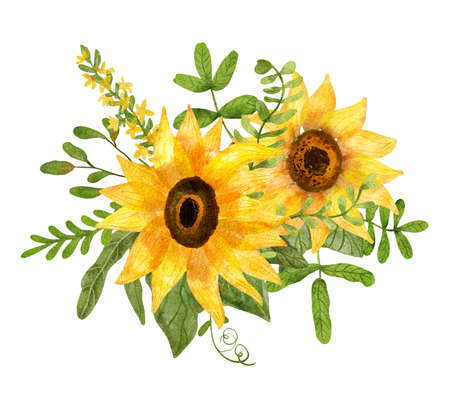 Watercolor sunflowers bouquet. Summer flowers and leaves. Digital art illustration isolated on white. Great for weddings, greeting card, t-shirts, bag decorating. Nice art print for home decorationの写真素材