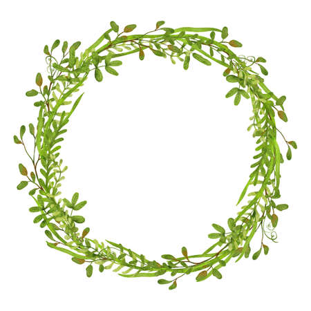 Watercolor floral round frame or wreath with greens or herbs isolated on white. Beautiful illustration. Great template for greeting cards, wedding invitations, home art print. Digital art.の写真素材