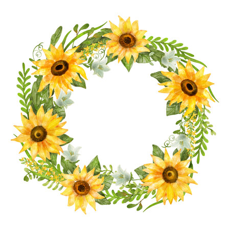 Watercolor floral round frame or wreath with green leaves and sunflowers isolated on white. Beautiful illustration. Great template for greeting cards, wedding invitations, home art print.の写真素材