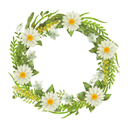 Watercolor floral round frame or wreath with green leaves and daisy flowers isolated on white. Beautiful illustration. Great template for greeting cards, wedding invitations, home art print.の写真素材