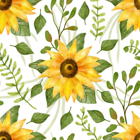 Summer seamless pattern with bright sunflowers, herbs and leaves. Digital watercolor illustration on white. Great for fabrics, wrapping papers, wallpapers, covers. Beautiful textile print.の写真素材