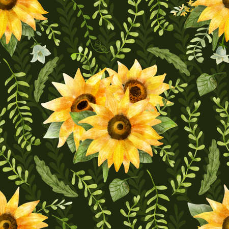 Beautiful seamless pattern with bright sunflowers, herbs and leaves. Digital watercolor illustration on dark green. Great for fabrics, wrapping papers, wallpapers, covers. Summer textile print.の写真素材