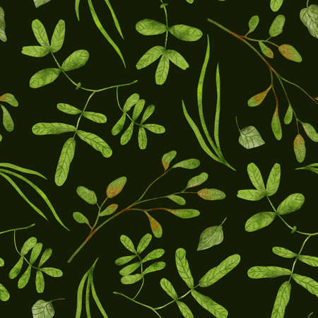 Seamless pattern with leaves. Digital watercolor illustration on dark green. Great for fabrics, wrapping papers, wallpapers, covers. Beautiful textile print.の写真素材