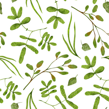 Seamless pattern with leaves. Digital watercolor illustration on white backgrpund. Great for fabrics, wrapping papers, wallpapers, covers. Beautiful textile print.の写真素材