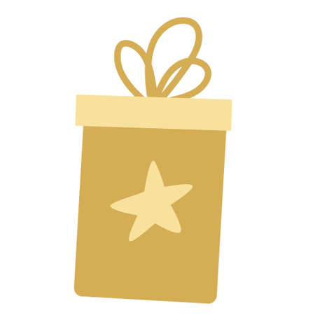 Christmas gift box decorated with a star and a bow. Vector hand drawn flat illustration. Yellow gold color. Great for New year, Xmas cards.のイラスト素材