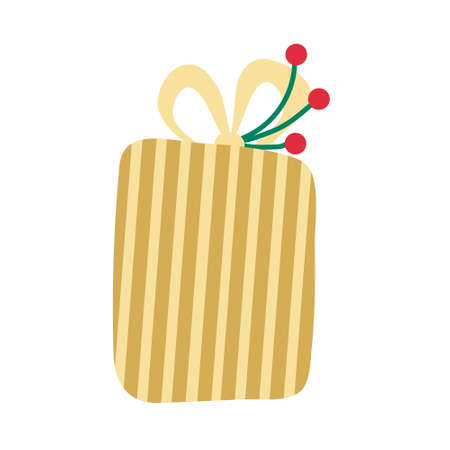 Christmas striped gift box decorated with berries and bow ribbon. Vector hand drawn flat illustration. Green, red and yellow colors. Great for New year, Xmas cards.のイラスト素材