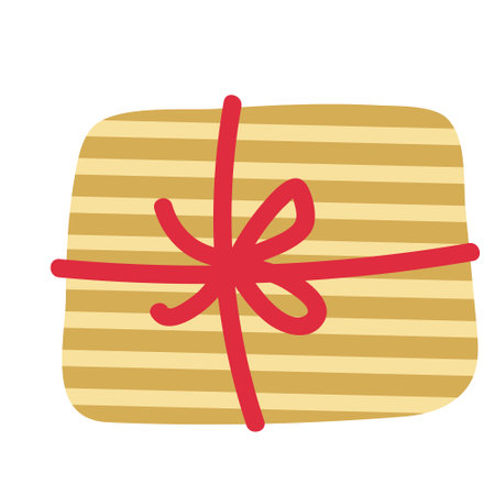 Christmas striped gift box decorated with red bow ribbon. Vector hand drawn flat illustration. Red and yellow colors. Great for New year, Xmas cards.のイラスト素材