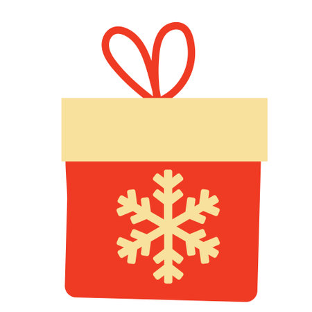 Christmas red gift box decorated with a gold snowflake and a bow. Vector hand drawn flat illustration. Red and yellow colors. Great for New year, Xmas cards.のイラスト素材