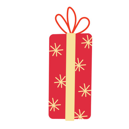 Christmas red gift box decorated with gold snowflakes. Vector hand drawn flat illustration. Red and yellow colors. Great for New year, Xmas cards.のイラスト素材