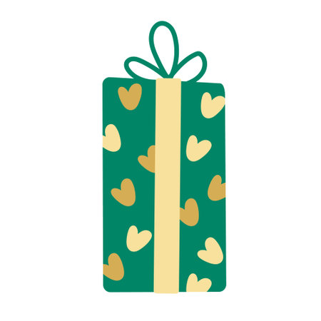 Christmas red gift box decorated with gold hearts. Vector hand drawn flat illustration. Green and yellow colors. Great for New year, Xmas cards.のイラスト素材