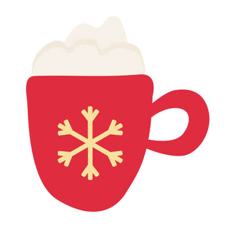 Red Christmas mug of cappuccino decorated with a gold snowflake. Great for greeting cards, poster design. Vector hand drawn illustration isolated on white.のイラスト素材