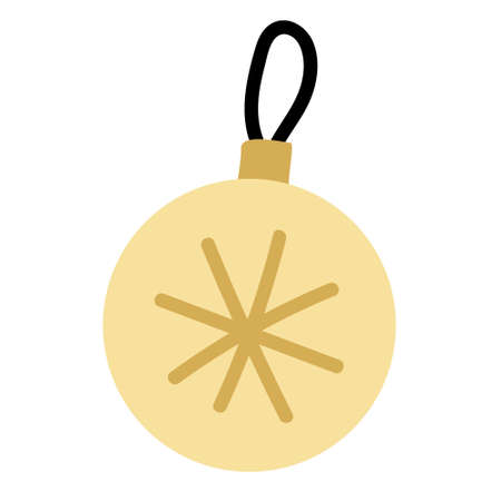 Christmas gold yellow ball bauble decorated with a snowflake. Hand drawn vector illustration isolated on white. Great for xmas and New year greeting cards, posters.のイラスト素材