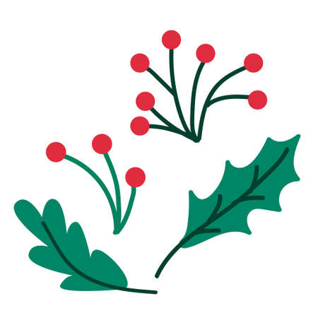 Christmas set with holly plant and red berries. Vector hand drawn illustration isolated on white. Great for xmas and New year greeting cards, posters.のイラスト素材