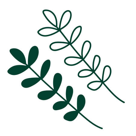 Green branches with leaves hand drawn vector illustration. Flat and outline.のイラスト素材