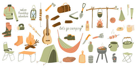 Big set of vector illustrations of tourism and camping equipment. Hand drawn flat style. Local travel icon collection. Summer nature rest and adventureのイラスト素材