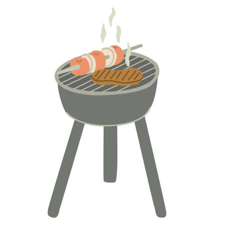 Grilled meat and vegetables. Hand drawn vector illustration of barbecue. Camping and bbq equipment.のイラスト素材