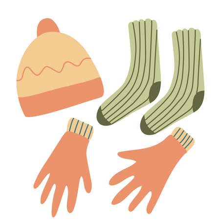 Winter clothing accessories. Gloves, hat and socks. Hand drawn flat vector illustration isolated on white. Coral and green colors.のイラスト素材