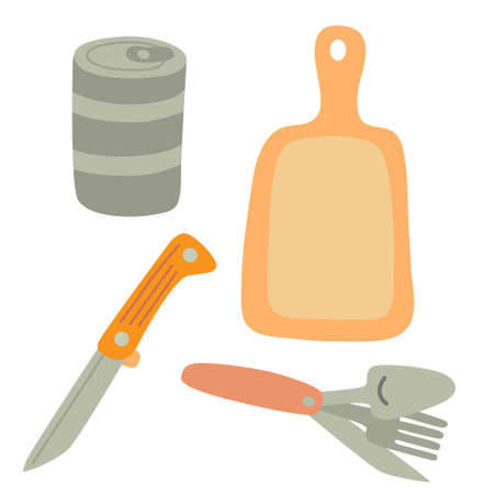 Set for cooking outside. Canning food, folding knife, spoon amd fork. Cutting board. Camping equipment.のイラスト素材