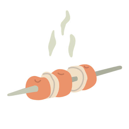 Grilled vegetables. Hand drawn vector illustration of barbecue. Tomatoes and onion on a skewerのイラスト素材