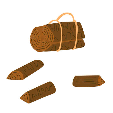 Bundle of firewood and logs. Hand drawn vector illustration. Camping equipment, countryside life.のイラスト素材