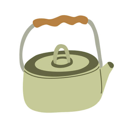 Camping outdoor kettle with handle. Hand drawn vector illustration. Camping cooking equipment.のイラスト素材