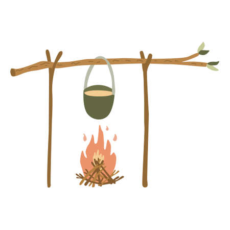 A camp pot hanging from a branch above bonfire. Hand drawn flat vector illustration. Camping cooking equipment.のイラスト素材