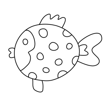 Polka dots cute little fish. Hand drawn vector illustration in doodle style on white background. Isolated black outline. Sea and ocean animals theme. Great for kids coloring books.のイラスト素材