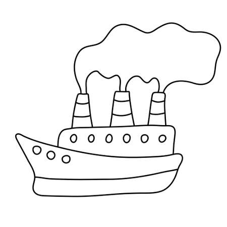 Two-deck ship with steam from the pipes. Hand drawn vector illustration in doodle style on white background. Isolated black outline. Sea and ocean vessel theme. Great for kids coloring booksのイラスト素材