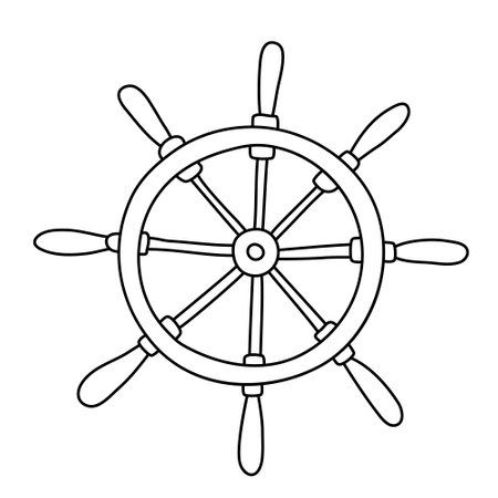 Ship wheel. Hand drawn vector illustration in doodle style on white background. Isolated black outline. Sea and ocean vessel theme. Great for kids coloring booksのイラスト素材