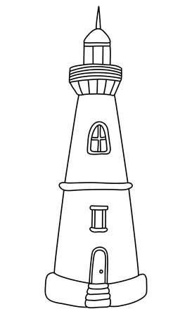 Lighthouse. Hand drawn vector illustration in doodle style on white background. Isolated black outline. Sea and ocean theme. Great for kids coloring books.のイラスト素材