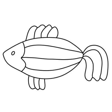 Striped little fish. Hand drawn vector illustration in doodle style on white background. Isolated black outline. Sea and ocean animals theme. Great for kids coloring books.のイラスト素材