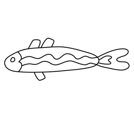 Cute elongated little fish. Hand drawn vector illustration in doodle style on white background. Isolated black outline. Sea and ocean animals theme. Great for kids coloring books.のイラスト素材