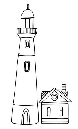 Lighthouse with a small house. Hand drawn vector illustration in doodle style on white background. Isolated black outline. Sea and ocean theme. Great for kids coloring books.のイラスト素材