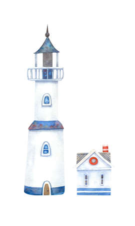 Watercolor lighthouse and sea house. Hand painted illustration isolated on white background. Ocean theme. Great kids design. Red and blue colors.の写真素材