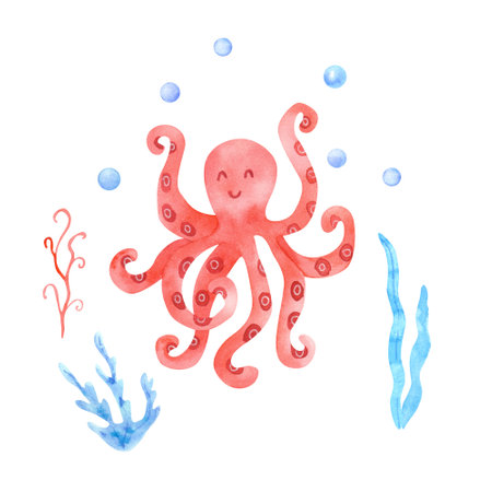 Watercolor octopus. Hand painted children illustration isolated on white background. Great for posters, cards, mug decoration. Sea and ocean animal theme.の写真素材