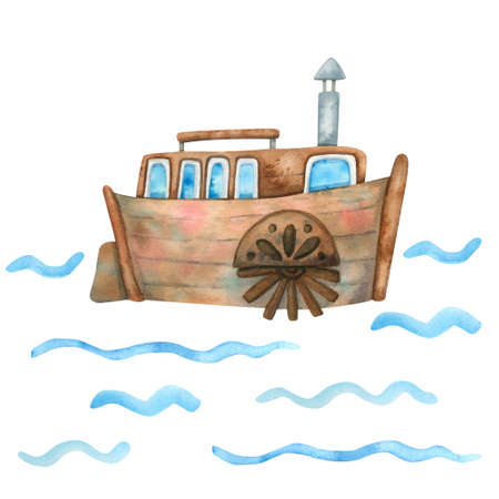 Small paddle steamer and waves poster. Hand painted illustration on white background. Sea and ocean vessel theme. Great kids design.の写真素材