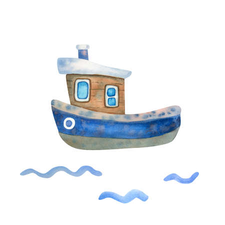 Small steam boat and waves poster. Hand painted illustration on white background. Sea and ocean vessel theme. Great kids design.の写真素材