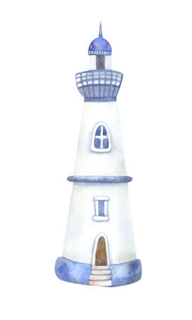 Watercolor lighthouse. Hand painted illustration isolated on white background. Sea and ocean theme. Great kids design. Blue color.の写真素材
